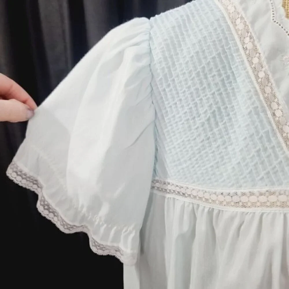 Vintage 70s Pastel Blue Dainty White Lace Fairycore Night Gown